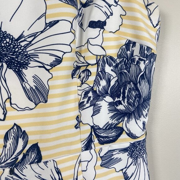 R & K Dress Yellow Stripes Blue Floral Pleated Skirt Knee Length Retro Size 14 - Picture 3 of 13